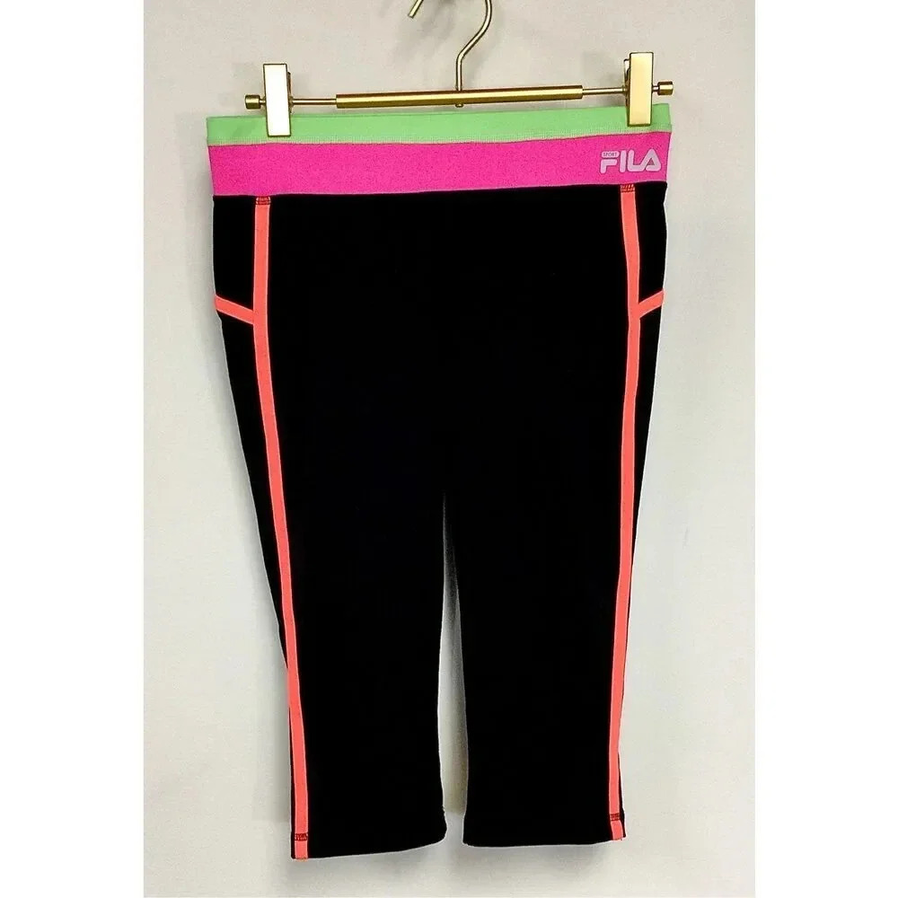 Vintage‎ Fila Sport Womens Black Pink 3/4 Length Athletic Capri Pants Size Large